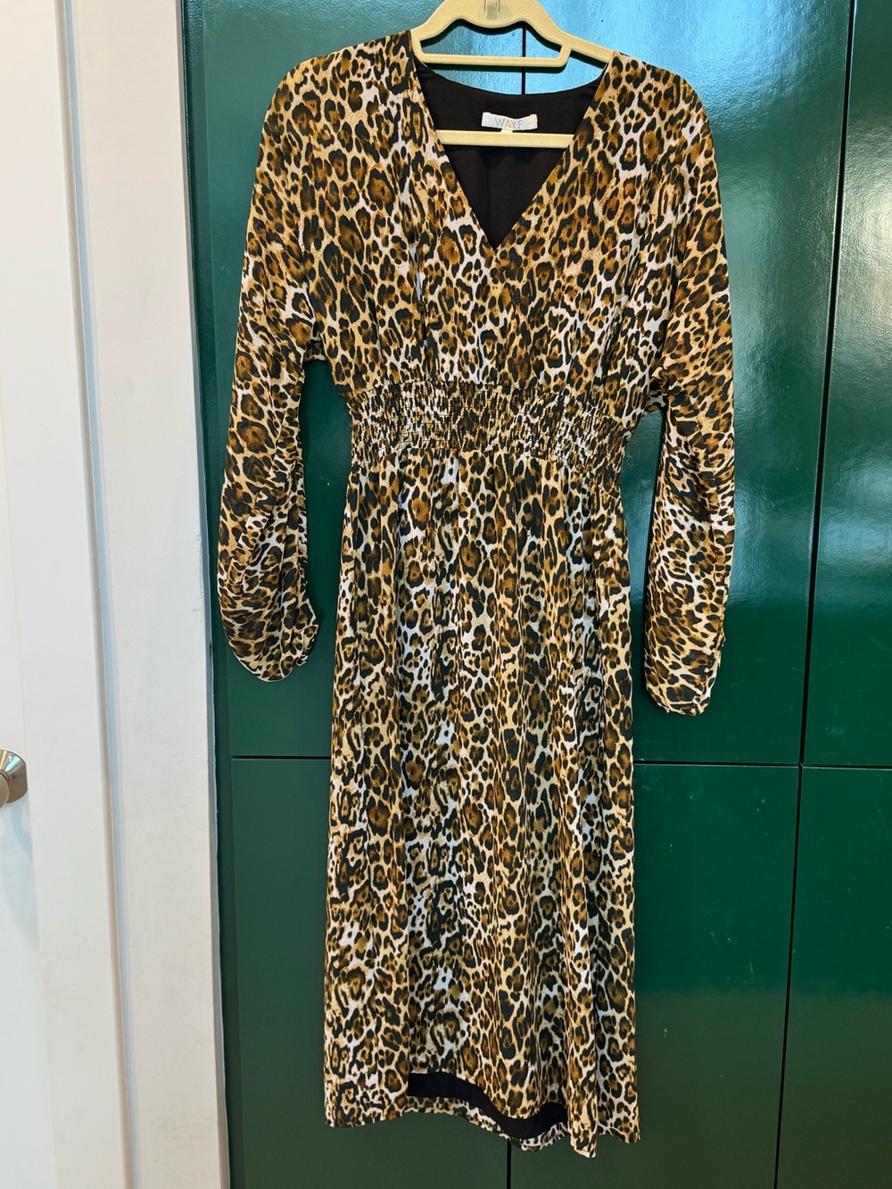 Wayf Leopard Print V-Neck Long Sleeve Dress